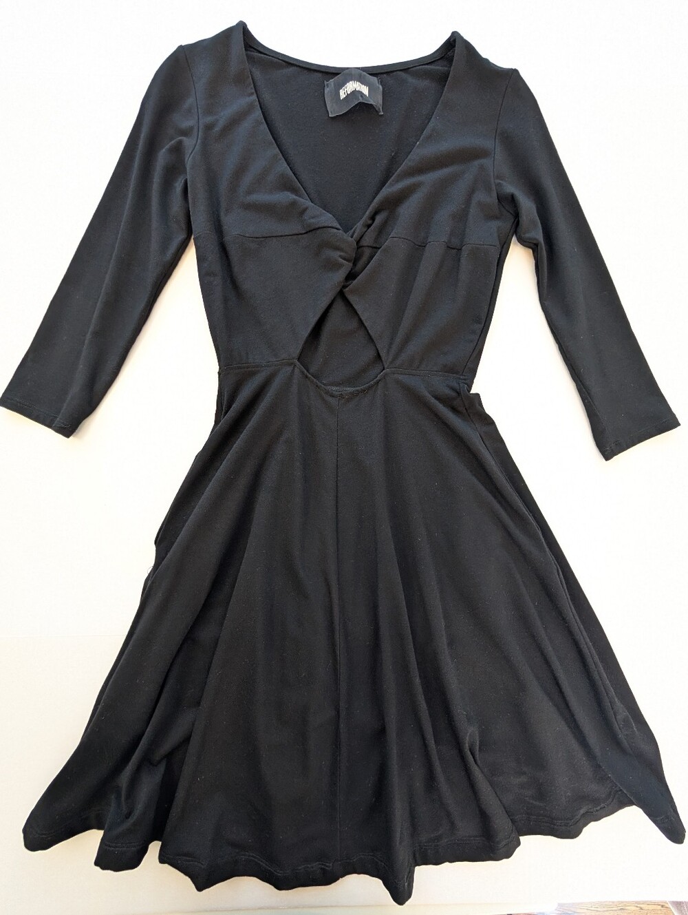 Reformation Everyday Black Long-Sleeve Twist-Front Fit & Flare Dress w Pockets